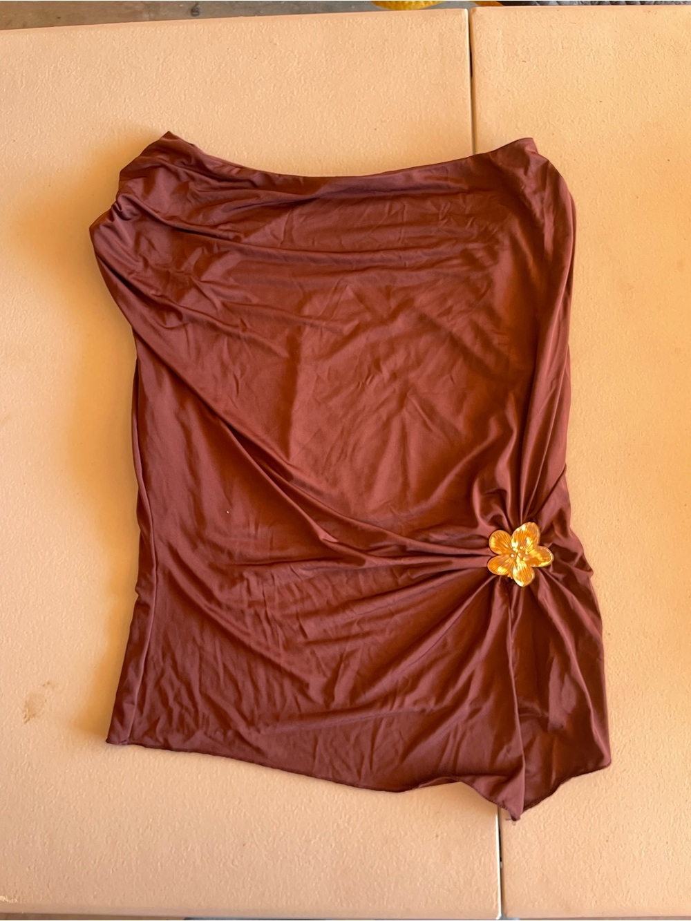 Brown Side-Ruched Flower Accent Women's Shirt